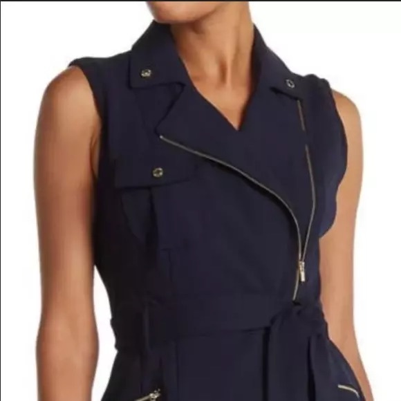 Calvin Klein Sheath Moto Dress Full Zip with Belt Dark Navy Sleveles - Picture 3 of 8